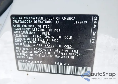 2019 Volkswagen Atlas 3.6L V6 Se из США, поврежденный, VIN 1V2LR2CA5KC535537
